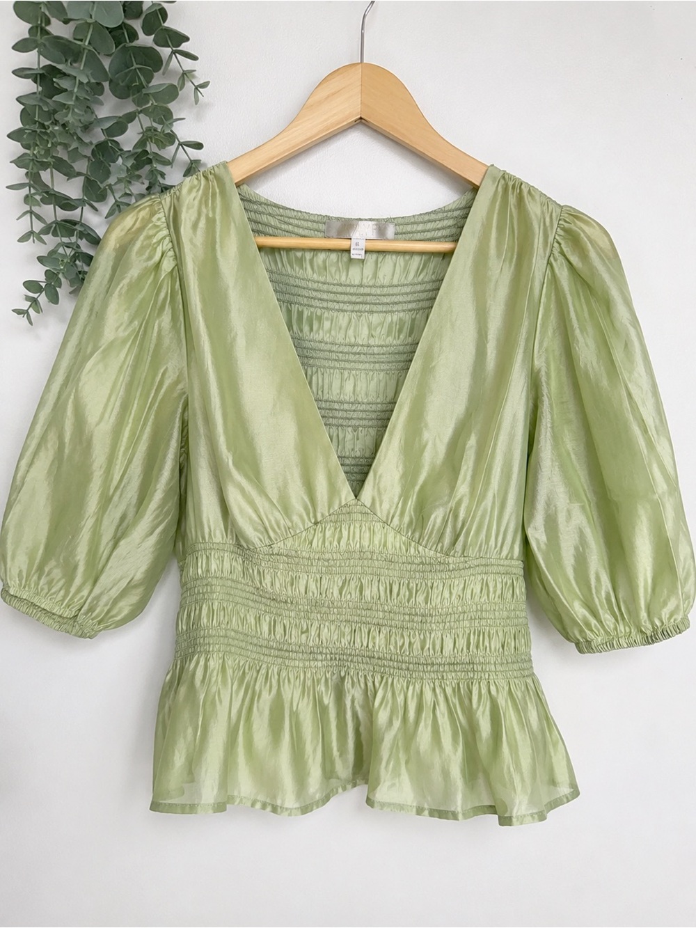 Wayf Light Sage Puff-Sleeve Smocked V-Neck Top